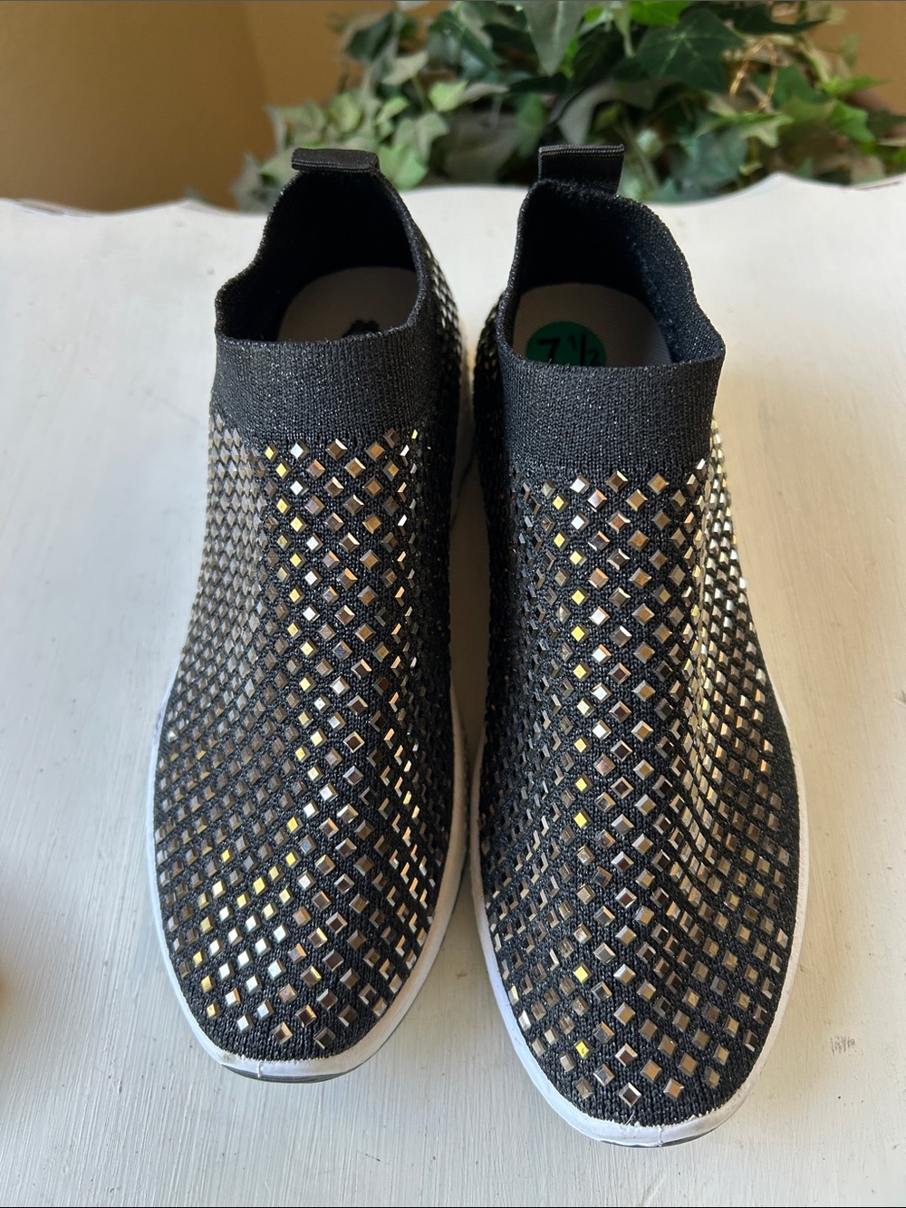 Atalina Black Slip-On Mesh Sneakers Featuring Sparkly Rhinestone with White Sole - Picture 2 of 11